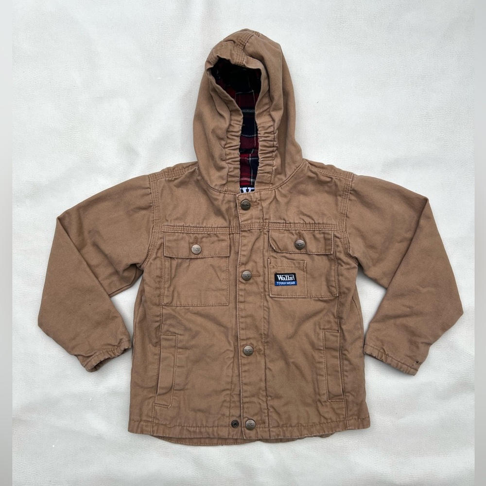 WALLS Tough Wear Tan Snap Flannel Red Plaid Lined Hooded Coat Jacket Boys Kids